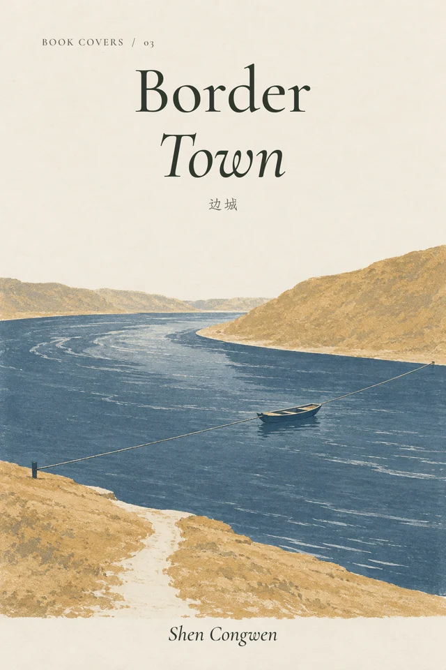 A blue river between ochre banks, with an empty ferry on a slender crossing rope.