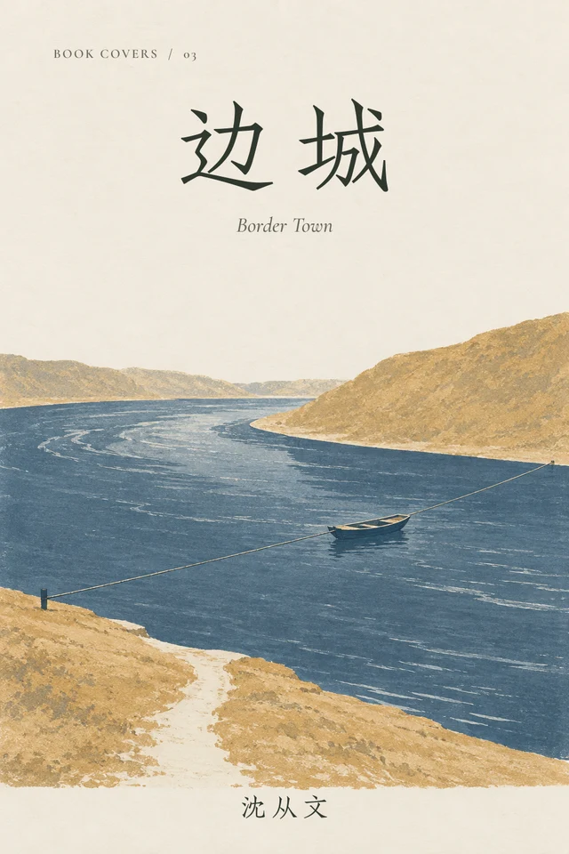 蓝色河流穿过赭色河岸，一条细绳牵着无人的渡船。