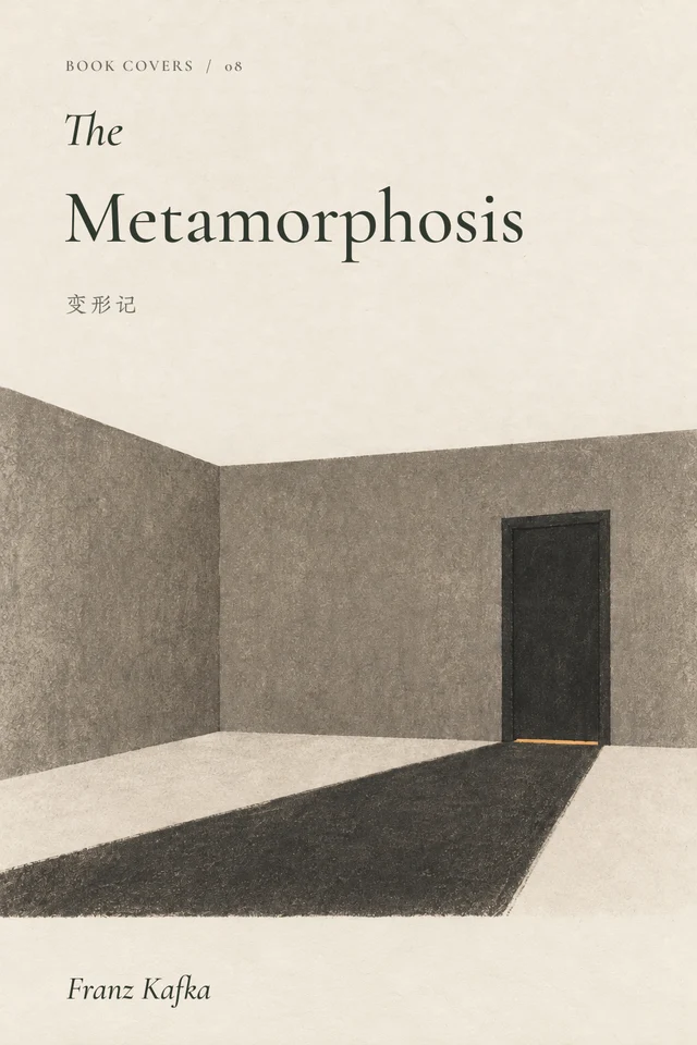 A closed dark door and a long angular shadow in an empty grey room.