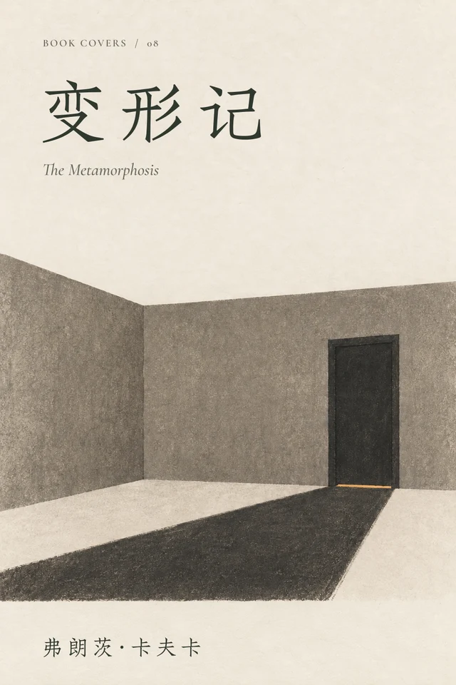 灰色空房间里，一扇关着的深色门投下长长的阴影。