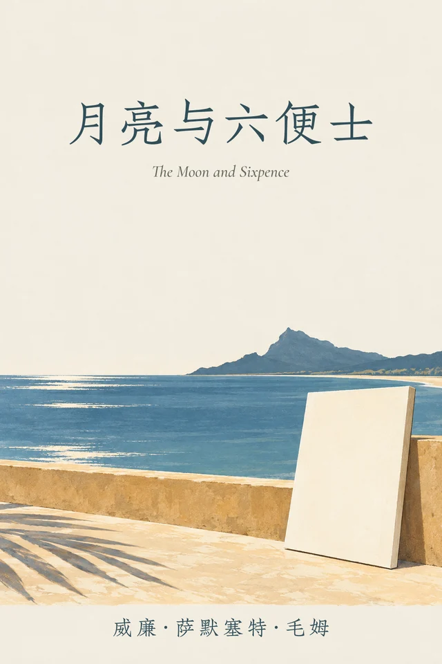塔希提蓝色海湾前，一张空白画布靠在低矮的赭色露台边，地面有稀疏的棕榈影。