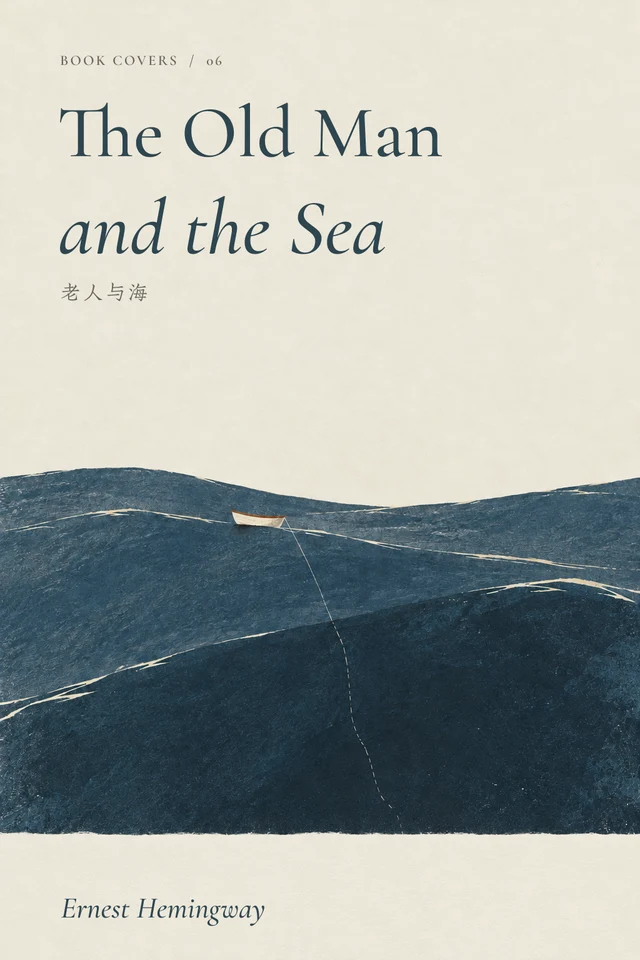 A tiny ivory skiff on a broad blue sea, with a fine line descending into the water.