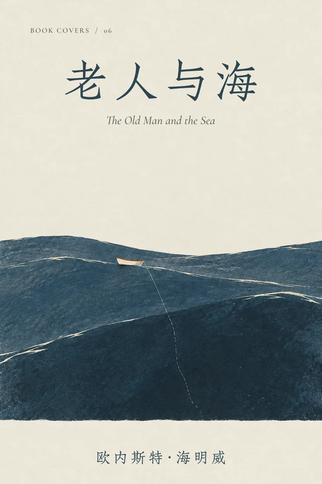 深蓝色海面上的一叶小舟，细细的钓线沉入水中。