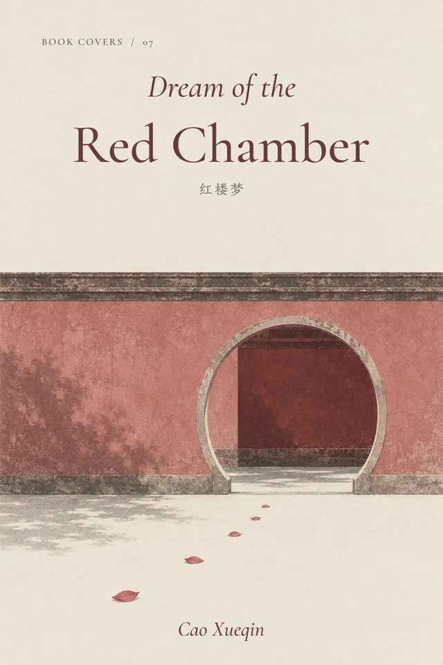 A faded rose courtyard wall and moon gate, with a few petals on an ivory floor.