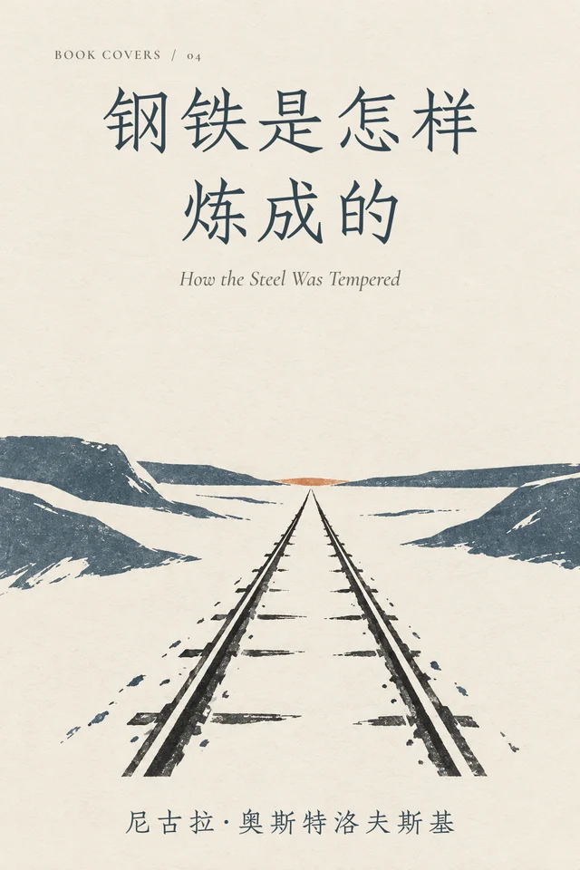 两条铁轨穿过灰蓝色雪地，延伸向远方一点铜色光。