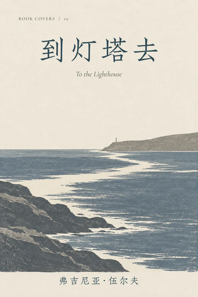 灰蓝潮水之间的白色水道，通向远岸一座极小的灯塔。